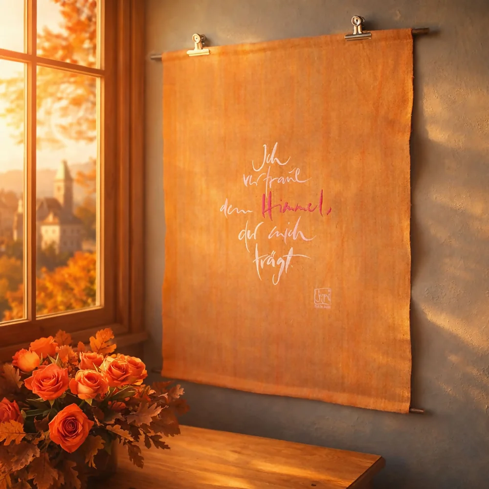 Exklusiver Wandteppich Unikat „Haussegen – Ich vertraue dem Himmel“ im SignShop Tirol – luxuriöse spirituelle Wanddeko für außergewöhnliche Wohnräume
