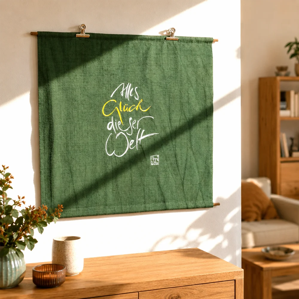 Handgemachte Leinwand „Haussegen Alles Glück dieser Welt“ – Originaldruck und Fingerzeige Karte, Sign by Jwala®, inspirierende Wanddekoration, limitiertes Kunstwerk