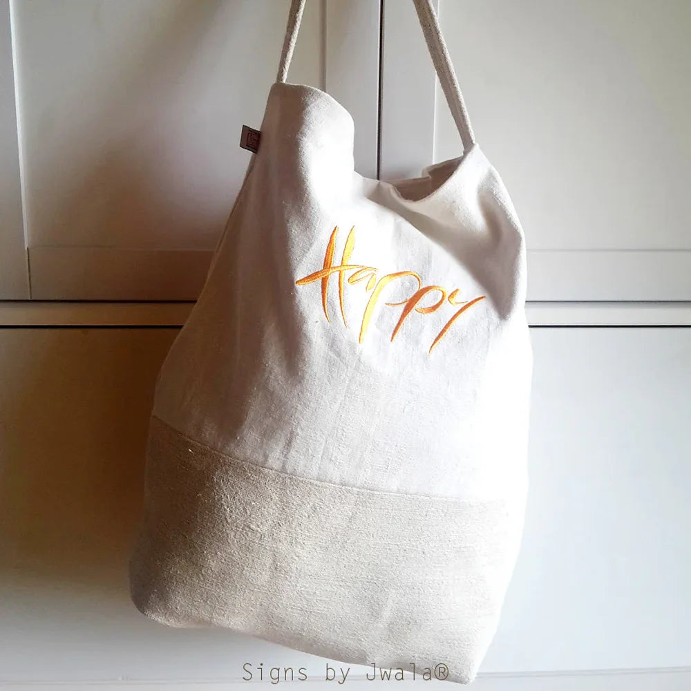 Exklusiver Shopper „Happy“ aus Bauernleinen – handgemachte Stofftasche, Original von Sign by Jwala®, Limited Edition, inspirierender Shopper für besondere Momente