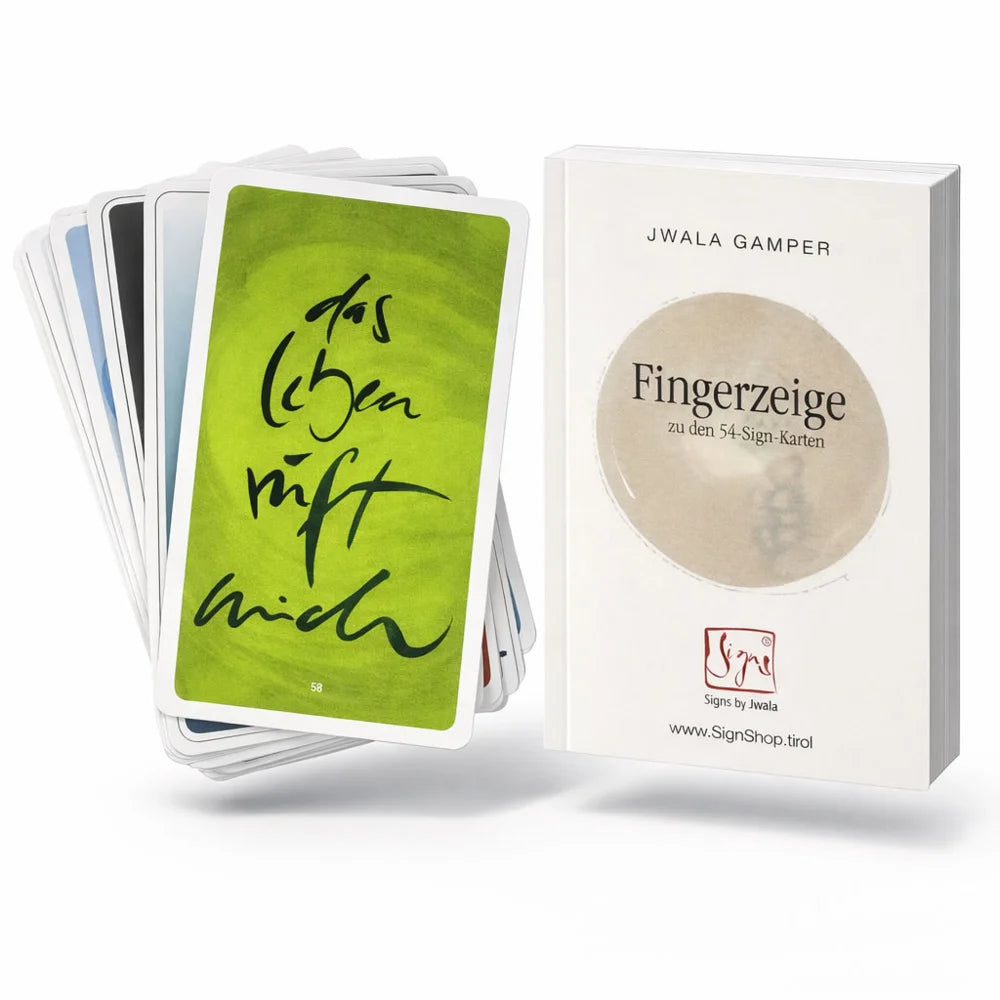 Exklusives Kartenset und Buch „Fingerzeige“ von Jwala Gamper kaufen – Inspirierendes Set mit 54 SignKarten und Begleitbuch voller poetischer Texte und spiritueller Impulse – Bestseller für persönliche Entwicklung und tiefgehende Einsichten, online im SignShop Tirol bestellen