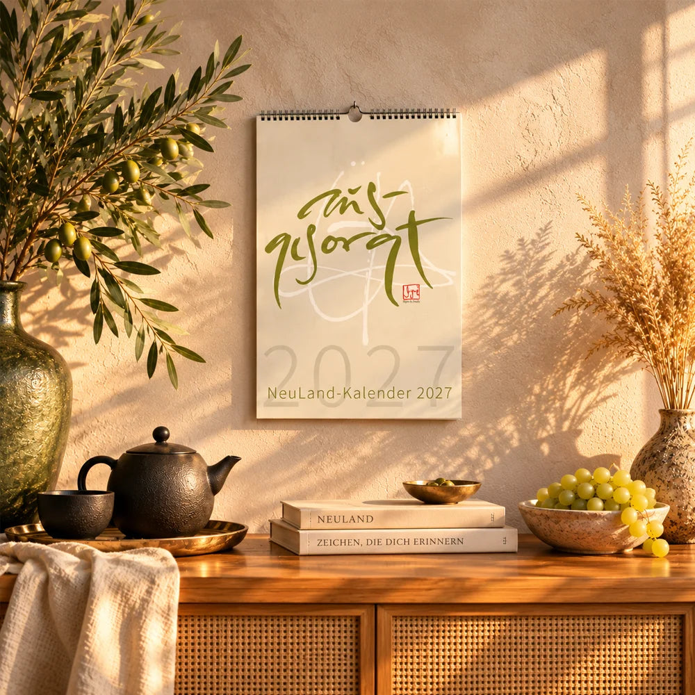 Moderner Wandkalender NeuLand 2027 mit dem Sign Ausgesorgt als stilvolle Dekoration über einem Schreibtisch im Arbeitszimmer aufgehängt