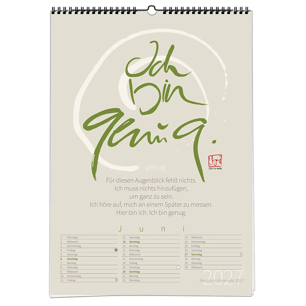 NeuLand Jahreskalender 2027 Kalenderblatt Juni mit grünem S Ich Bin Genug und positivem Affirmationstextgn
