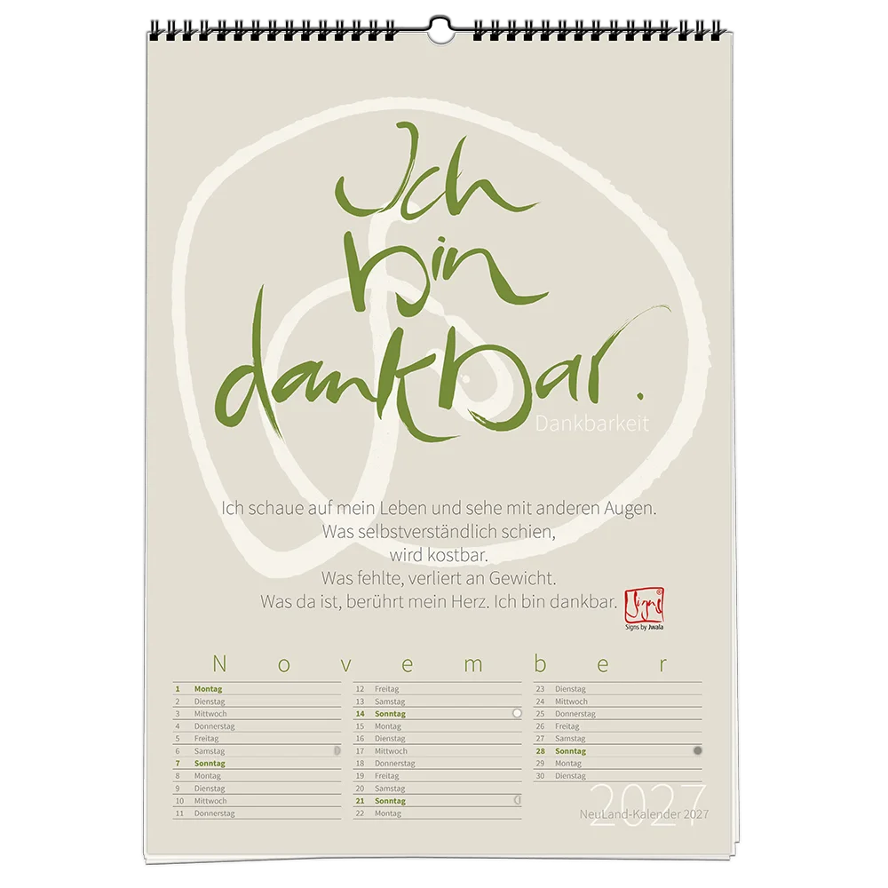 NeuLand Jahreskalender 2027 Kalenderblatt November mit grünem Schriftzug das Sign Ich Bin Dankbar und inspirierendem Text zum Thema Dankbarkeit