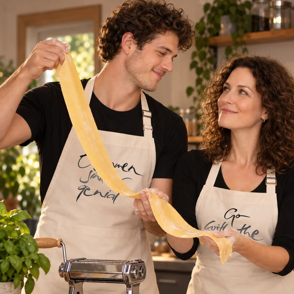 Paar stellt mit einer Nudelmaschine frische Pasta in der Küche her; sie tragen beige Kochschürzen mit den Jwala-Botschaften „Zusammen sind wir genial“ und „Go with the flow“.