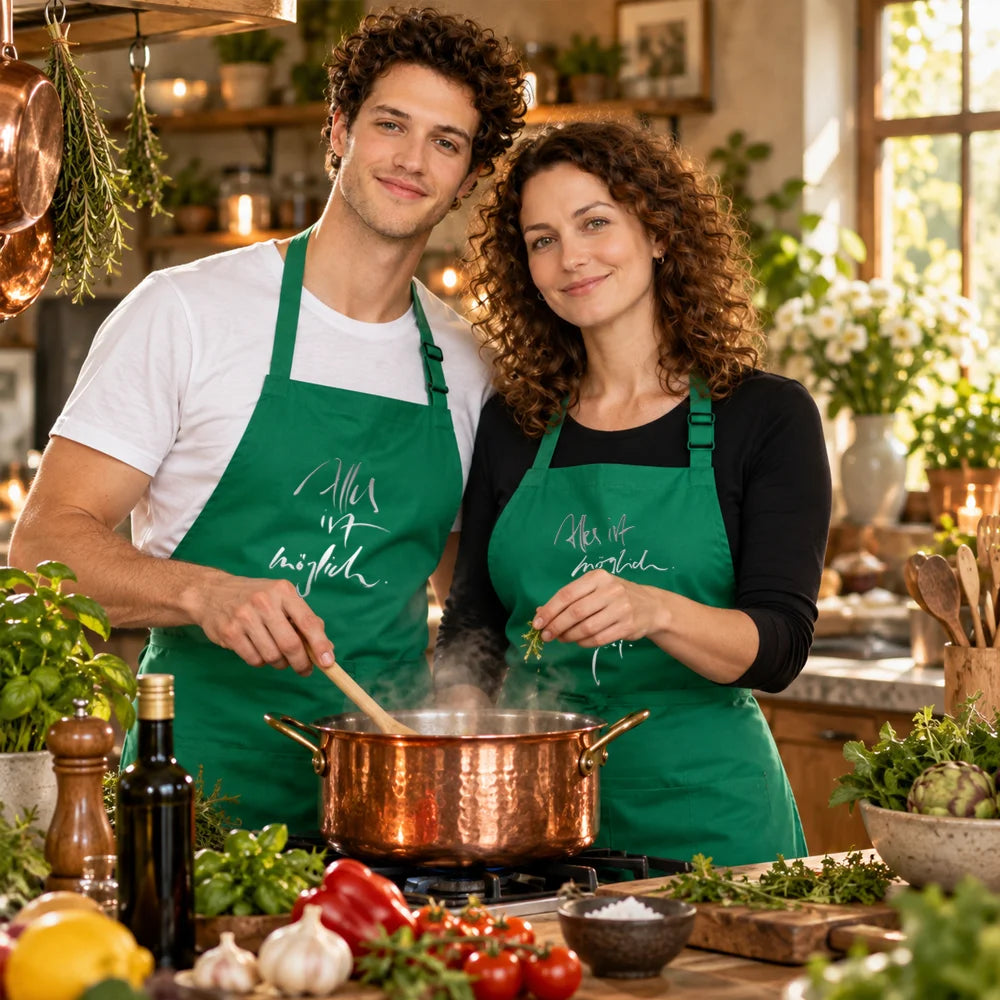 Ein glückliches Paar steht gemeinsam am Herd beim Kochen mit einem Kupfertopf und trägt Partner-Latzschürzen in Grün mit der inspirierenden Botschaft „Alles ist möglich.“.