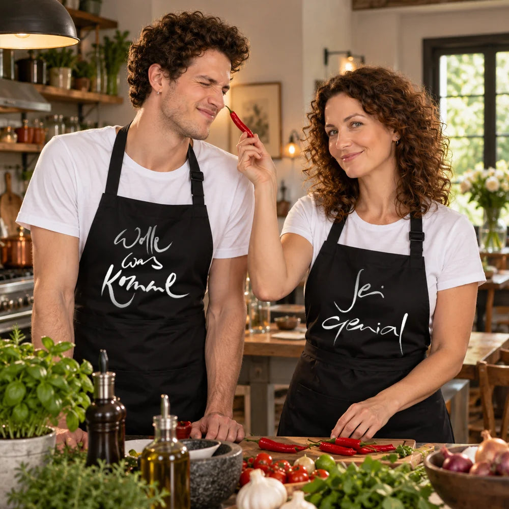 Lächelndes Paar in weißen T-Shirts und schwarzen Kochschürzen in der Küche; der Mann trägt dem Sign „Wolle was komme“, die Frau hält eine Chilischote und trägt das Sign „Sei genial.“.