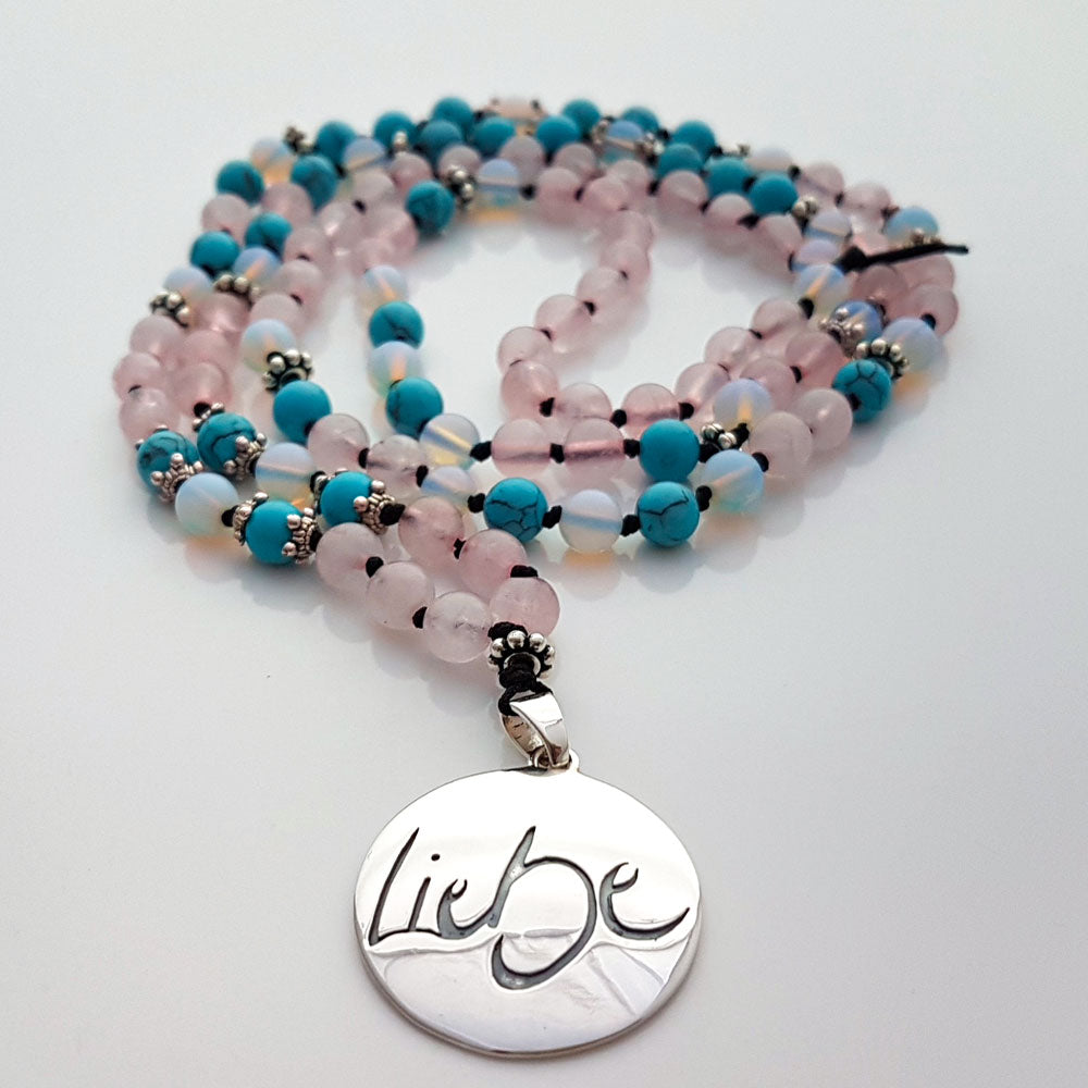 Liebe-Mala kaufen – Handgeknüpfte Mala mit Rosenquarz, Türkis & Mondstein im SignShop Tirol