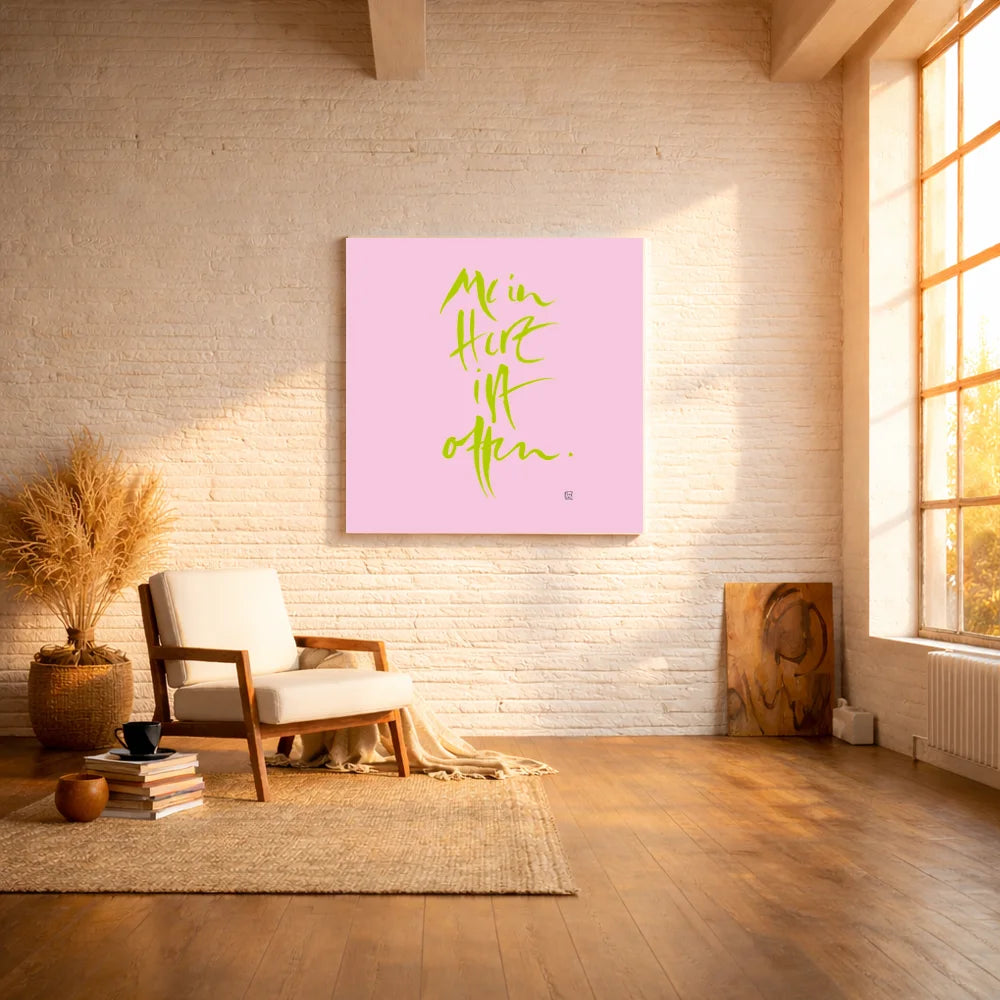 Handgemachte Leinwand „Mein Herz ist offen.“ – Originaldruck und Fingerzeige Karte, Sign by Jwala®, inspirierende Wanddekoration, limitiertes Kunstwerk
