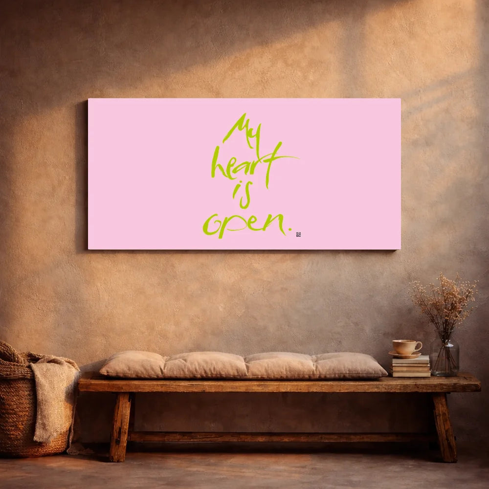 Inspirierende Leinwand „My heart is open.“ – Sign by Jwala® Original, Limited Edition, hochwertige Kunst aus Tirol, Fingerzeige Karte als Impuls für Liebe und Achtsamkeit