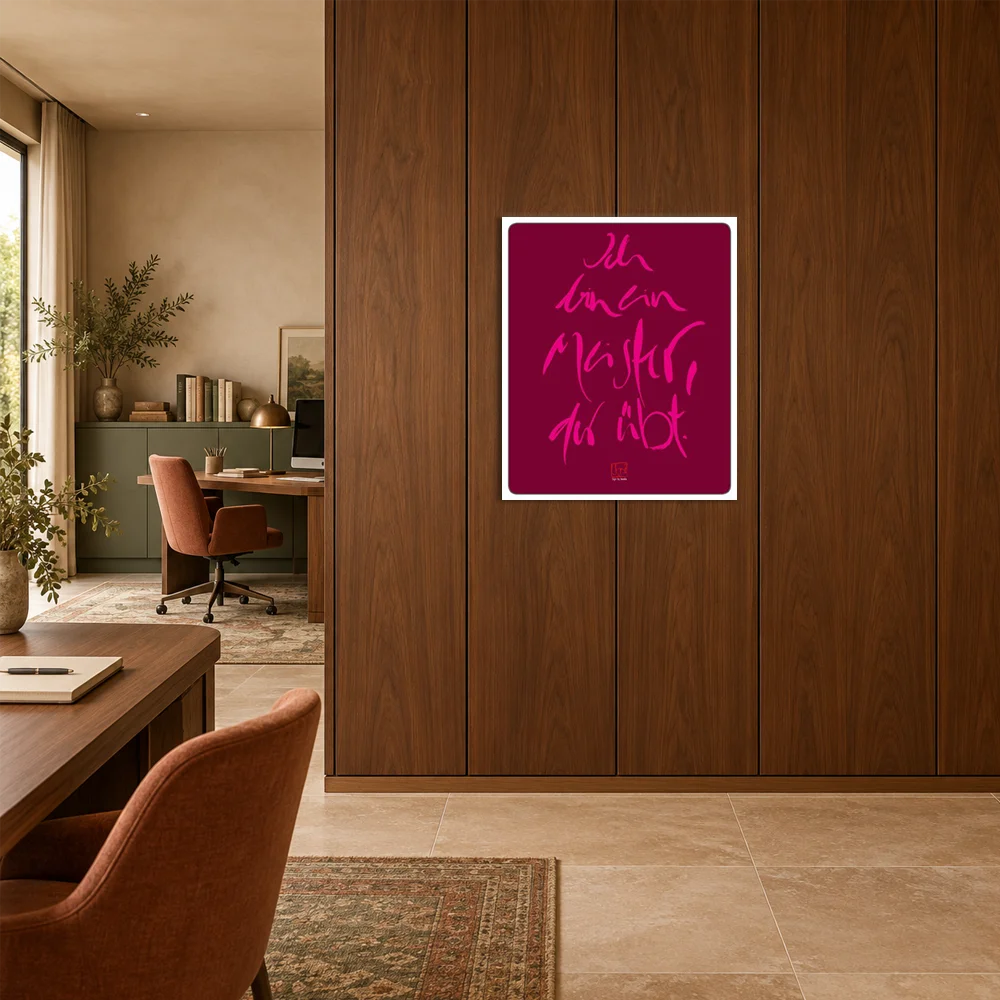 Ausdrucksstarkes Wandbild mit der pinkfarbenen Affirmation Sign by Jwala®️ „Ich bin ein Meister, der übt“ auf dunkel-violettem Grund an einer hochwertigen Holzwand.