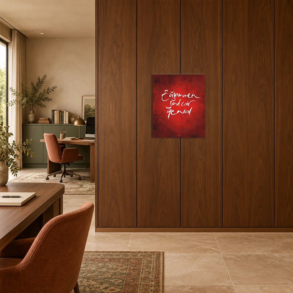 Inspirierendes Hochformat-Poster Sign by Jwala®️ aus gebürstetem Alu-Dibond mit dem weißen Text „Zusammen sind wir genial“ auf tiefrotem Hintergrund im Chefbuero.