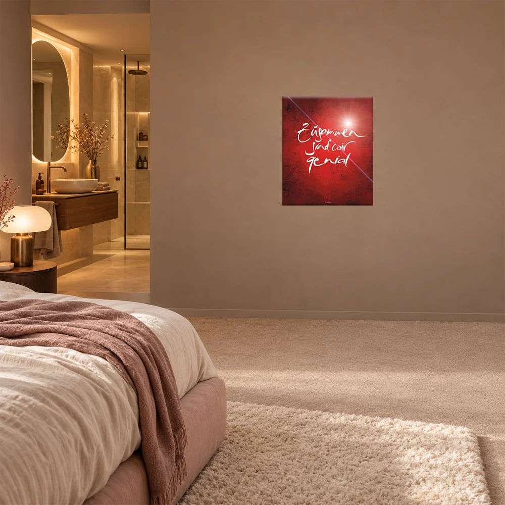 Poster "Fotodirektdruck hinter Echtglas" mit weißem dem Sign by Jwala 50x60 cm „Zusammen sind wir genial“ auf tiefrotem Hintergrund an einer beige Schlafzimmerwand.