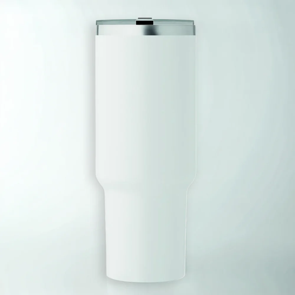 Weißer XXL Edelstahlbecher 1200ml schwappsicher mit Griff und Option für Rundumgravur mit Sign by Jwala