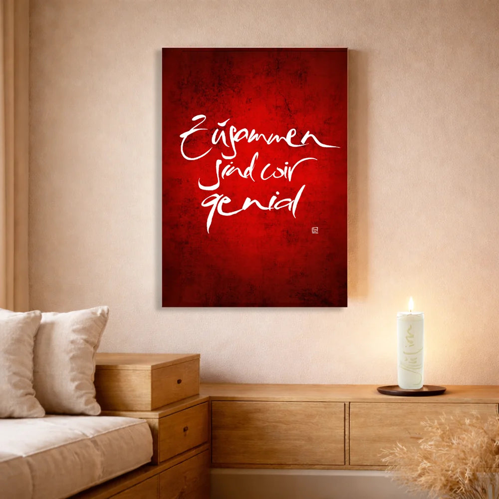 Exklusive Leinwand für Paare „Zusammen sind wir genial“ mit WIR Karte – Originaldruck von Sign by Jwala®, handgefertigte Wandkunst aus Tirol, Limited Edition, einzigartiges Geschenk für Beziehung und Teamgeist