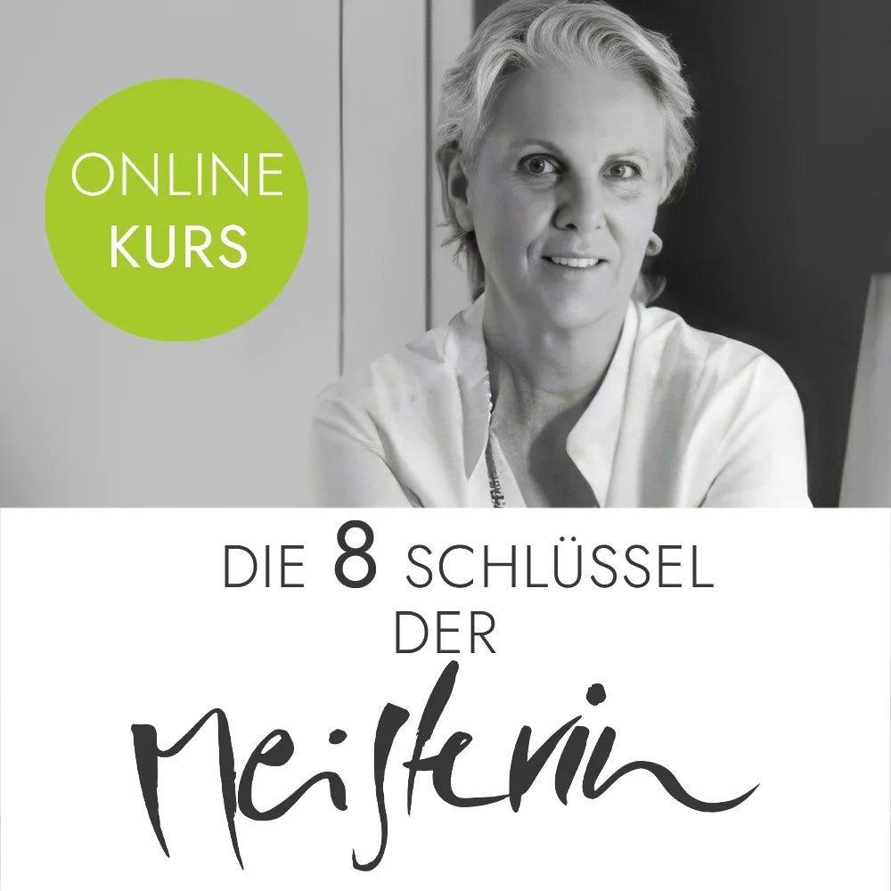 Werbegrafik für den Online-Kurs „Die 8 Schlüssel der Meisterin“ mit Jwala Gamper. Das Bild zeigt ein Porträt von Jwala Gamper in Schwarz-Weiß mit grünem „Online Kurs“-Sticker.