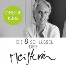Werbegrafik für den Online-Kurs „Die 8 Schlüssel der Meisterin“ mit Jwala Gamper. Das Bild zeigt ein Porträt von Jwala Gamper in Schwarz-Weiß mit grünem „Online Kurs“-Sticker.