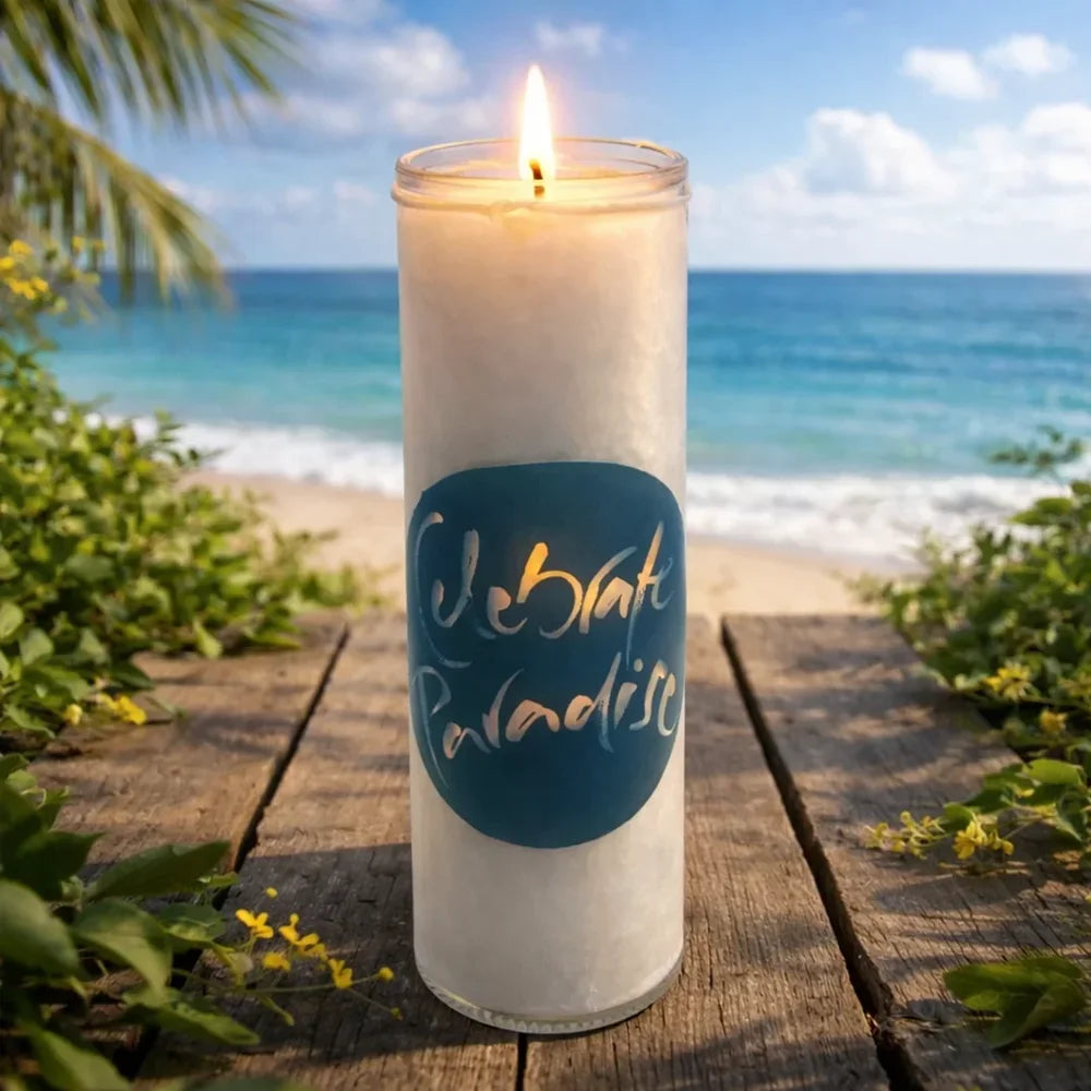 Exklusive SignKerze „Celebrate Paradise“ – nachhaltige Designkerze, Original von Sign by Jwala®, Limited Edition, inspirierende Botschaft, 100h Brenndauer