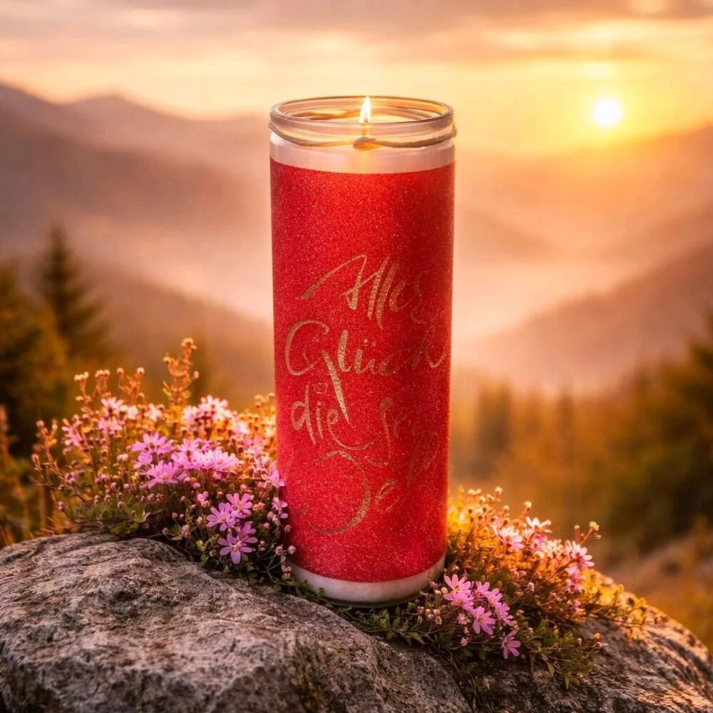 Exklusive Glückskerze mit Spruch – vegane Kerze „Alles Glück dieser Welt“, langanhaltend & nachhaltig online bestellen bei SignShop.Tirol