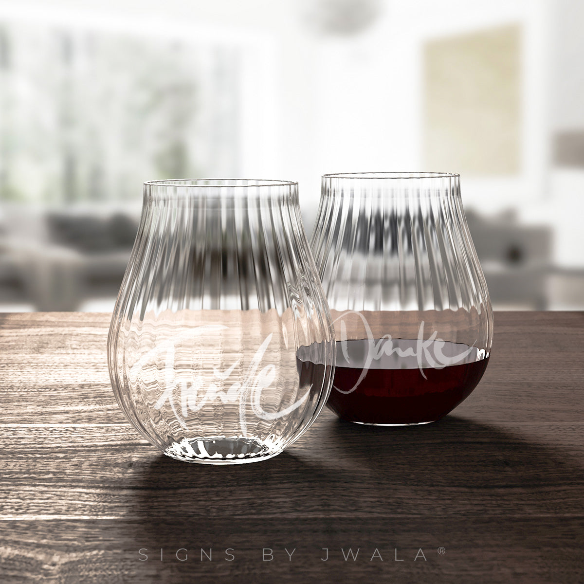 2 Sign-O-Gläser mit Rillen, "Freude + Danke"