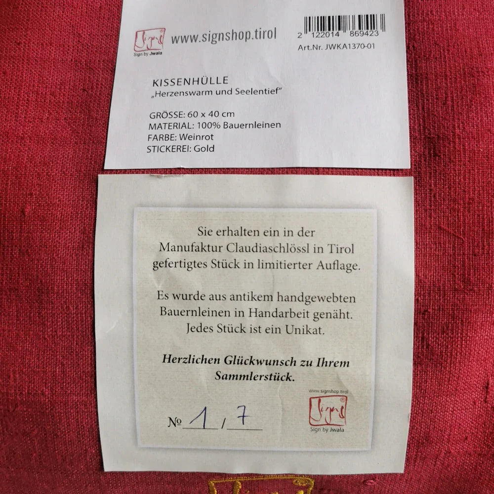 Limitierte Kissenhülle „Herzenswarm und Seelentief“ – einzigartiges Design aus handgewebtem Bauernleinen online im SignShop.Tirol