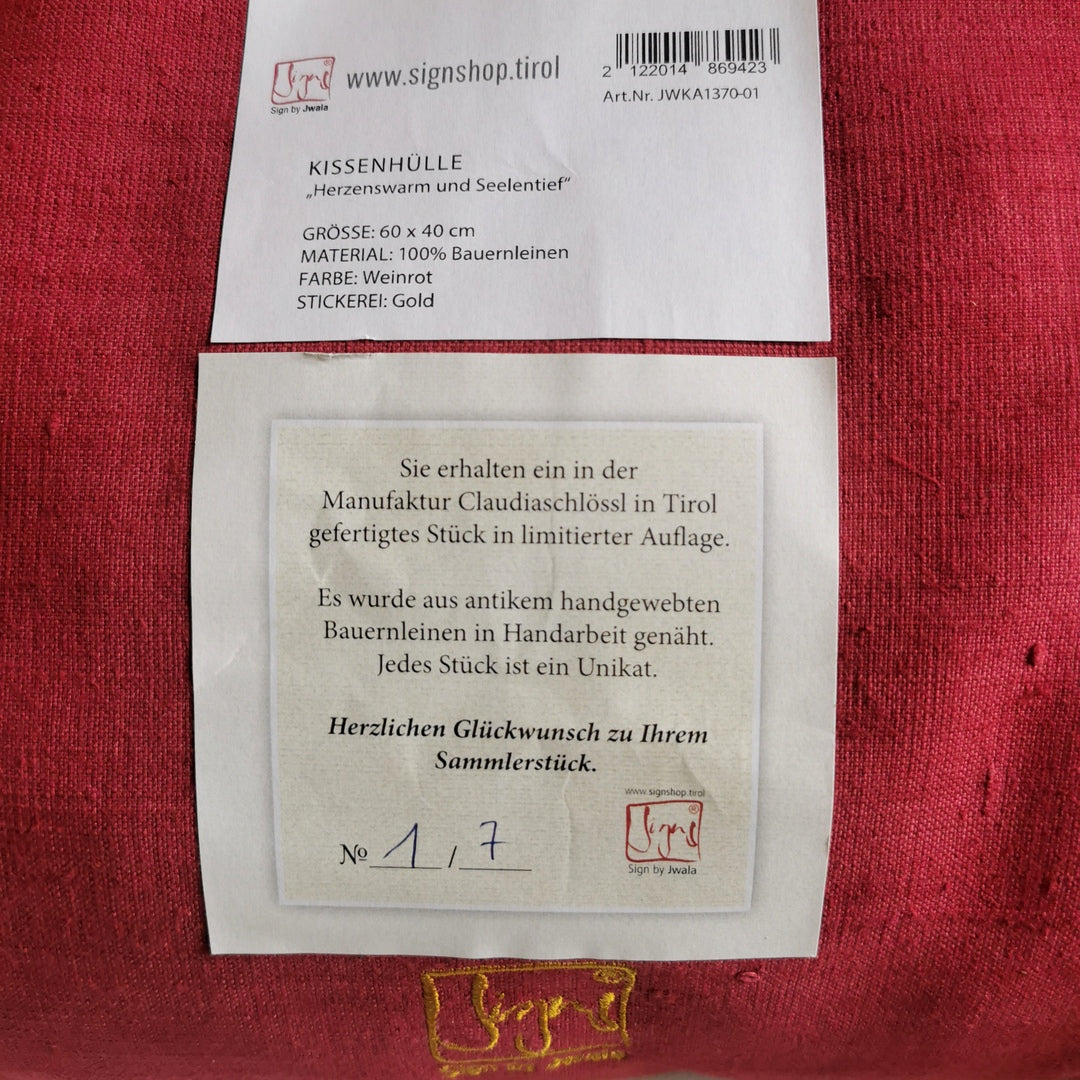 Kissenhülle Bauernleinen "Herzenswarm und Seelentief"