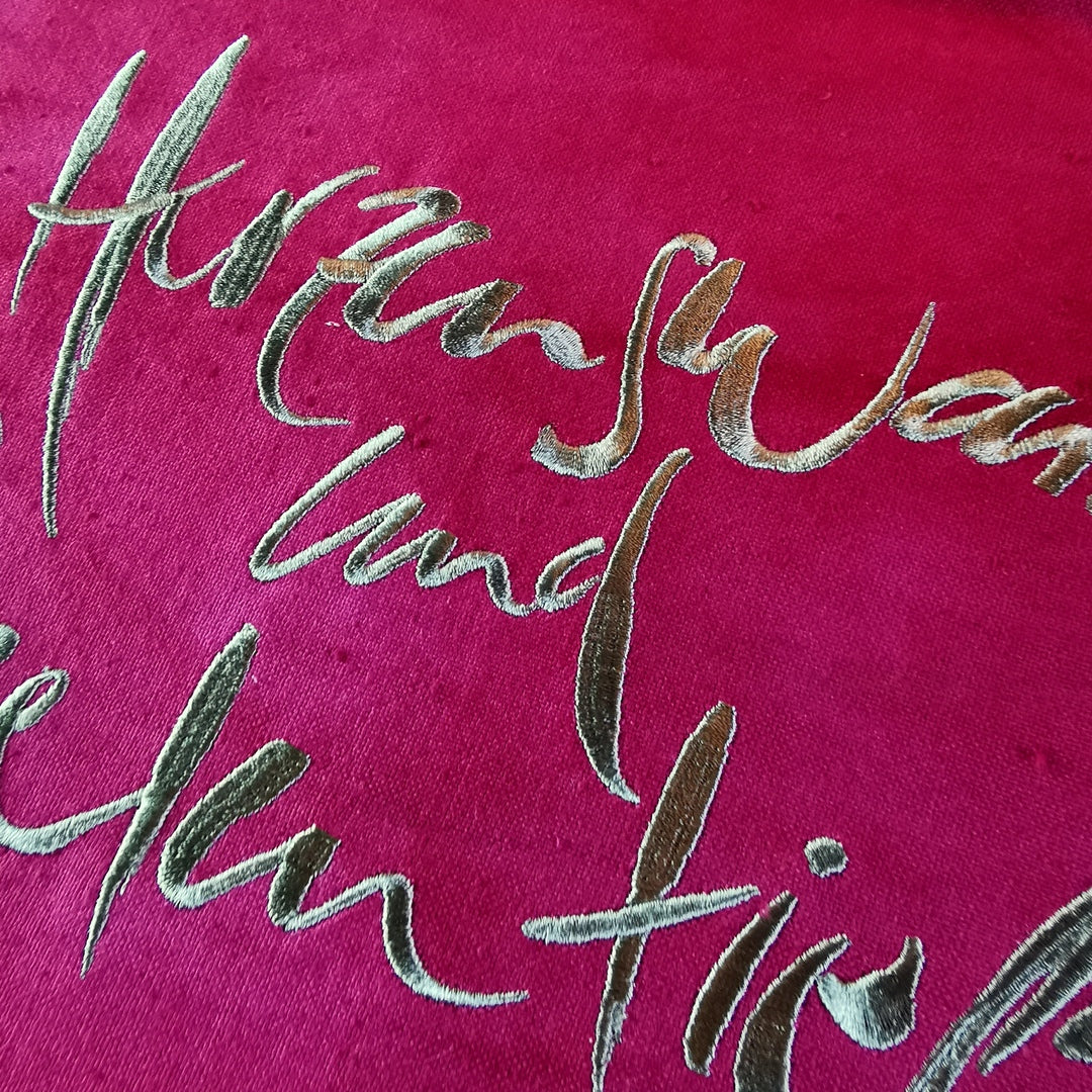 Bauernleinen Zirbenkissen "Herzenswarm und Seelentief"