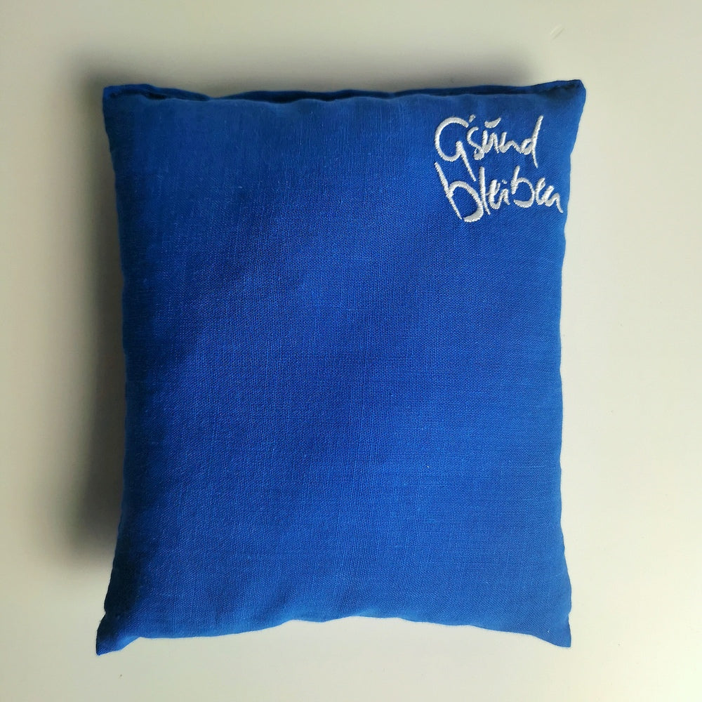 Kleines Zirbenkissen "G'sund bleiben" Blau