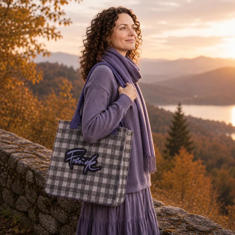 Besondere Stofftasche in Lila mit Karo Muster, Innentasche und inspirierender „Freude“ Stickerei