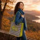 Besondere Tragetasche „Freude“ mit Karo Muster, nachhaltiger Shopper für Alltag, Einkauf und Geschenkideen