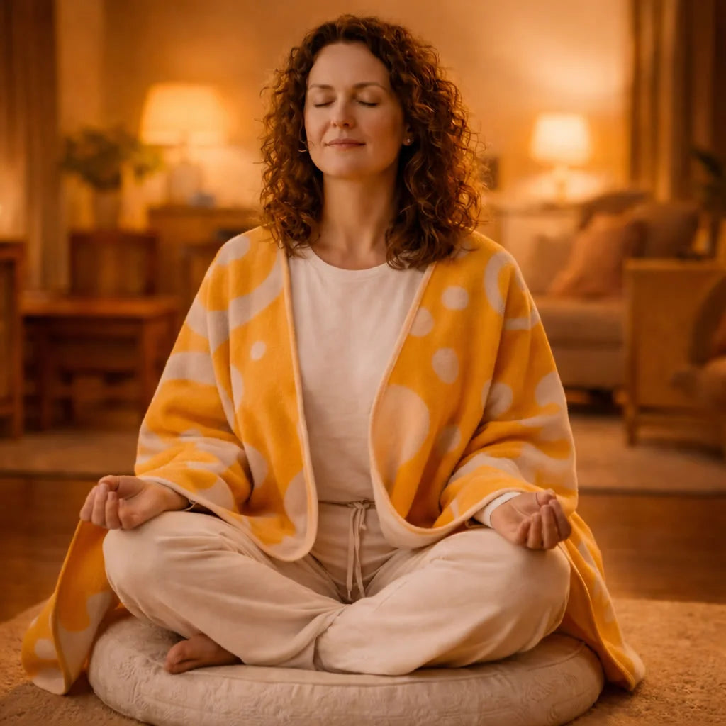 Frau im Wohnzimmer meditiert mit Poncho-Decke „Freude“: Geborgenheit, Leichtigkeit und positive Energie vereint – mit inspirierendem Sign by Jwala, weicher Flanellqualität und nachhaltiger Handwerkskunst aus Österreich.