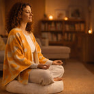 Frau im Wohnzimmer meditiert mit Poncho-Decke „Freude“: Geborgenheit, Leichtigkeit und positive Energie vereint – mit inspirierendem Sign by Jwala, weicher Flanellqualität und nachhaltiger Handwerkskunst aus Österreich.