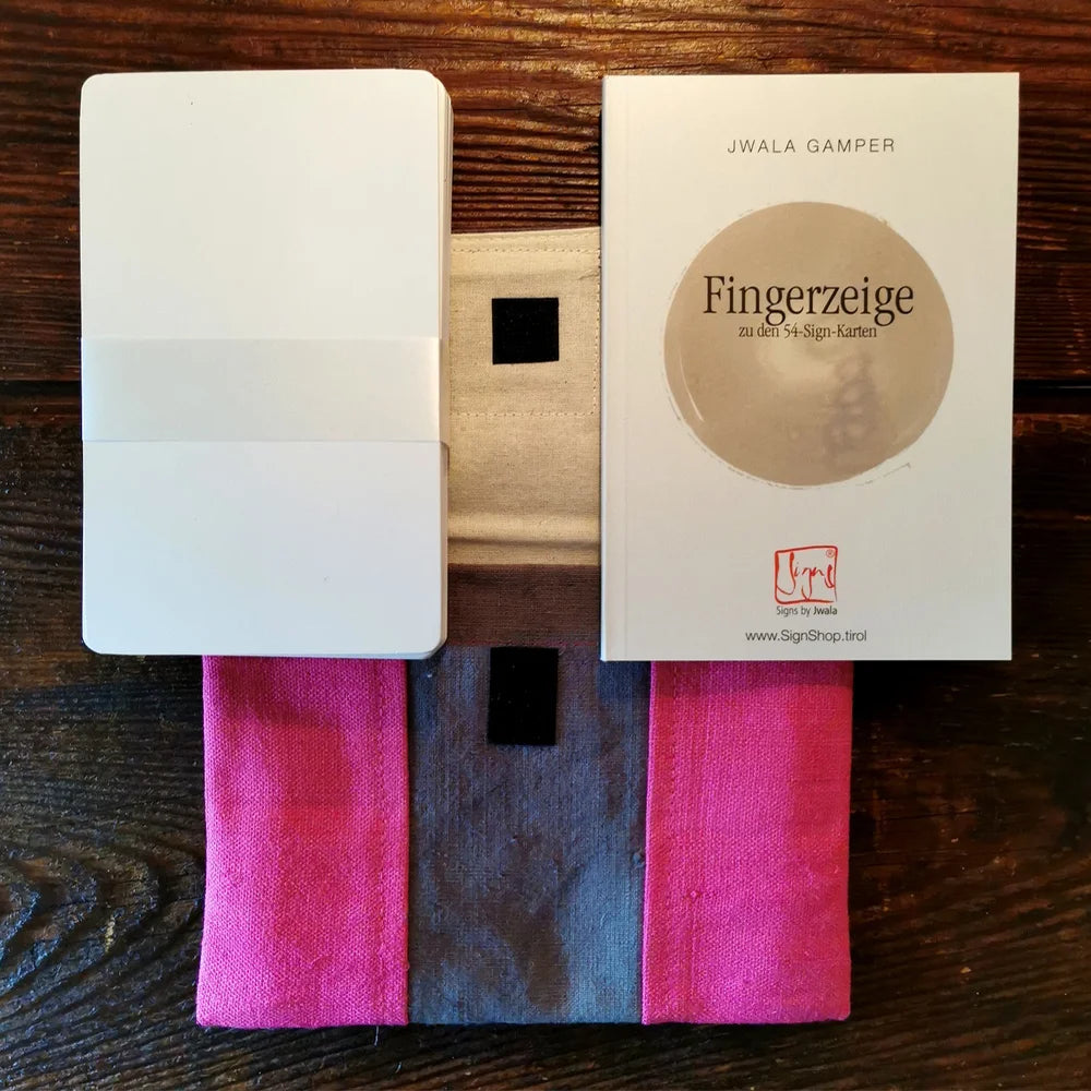 Premium Karten-Set „Fingerzeige“ Pink/Lila/Schwarz – Sign by Jwala®, hochwertige SignKarten aus Bauernleinen, Unikat für Meditation, Lebensfreude und persönliche Entwicklung