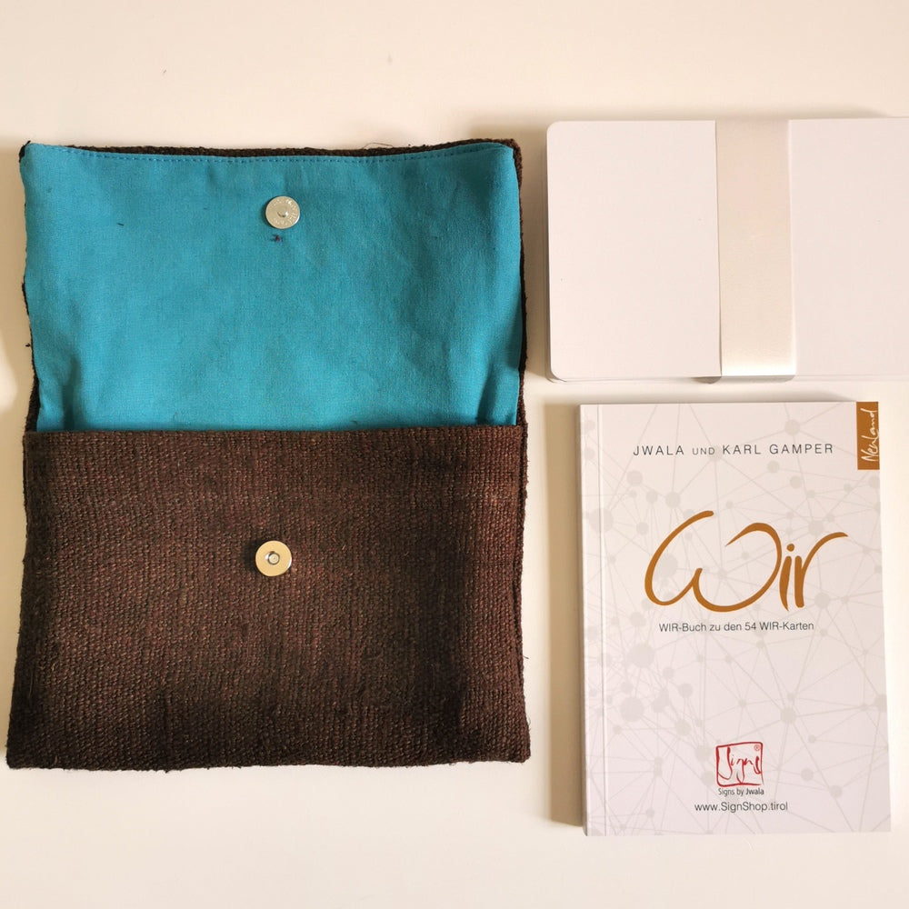 WIR-Karten-Set + WIR-Bauernleinentasche - Braun/Türkis