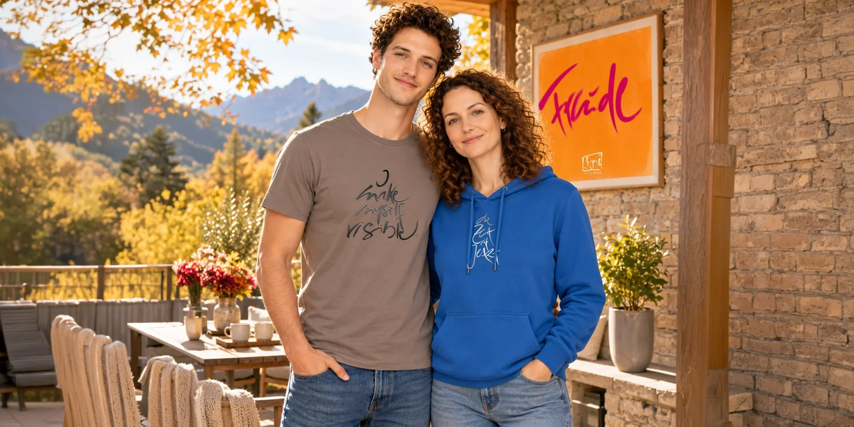 Pärchen-Shooting im herbstlichen Tirol für Sign by Jwala mit modernen Grafik-Shirts, Kapuzenpullovern und einem gerahmten Kunst-Wandbild auf einer edlen Holzterrasse.