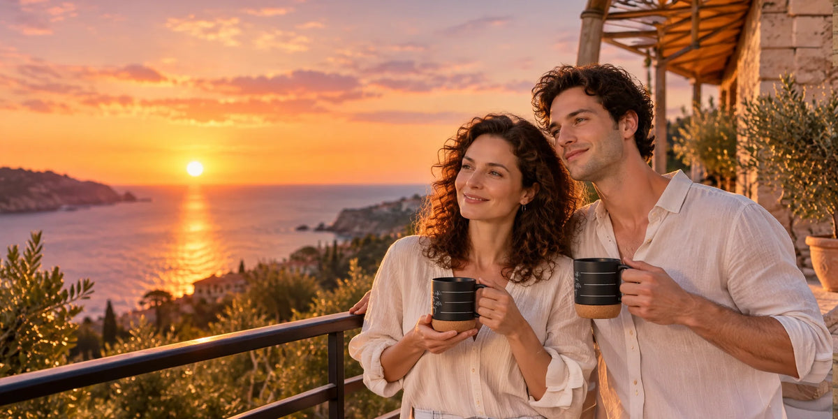 Romantischer Moment zu zweit auf einer Terrasse mit Meerblick beim Kaffeetrinken aus hochwertigen Design-Bechern mit natürlichem Kork-Element.