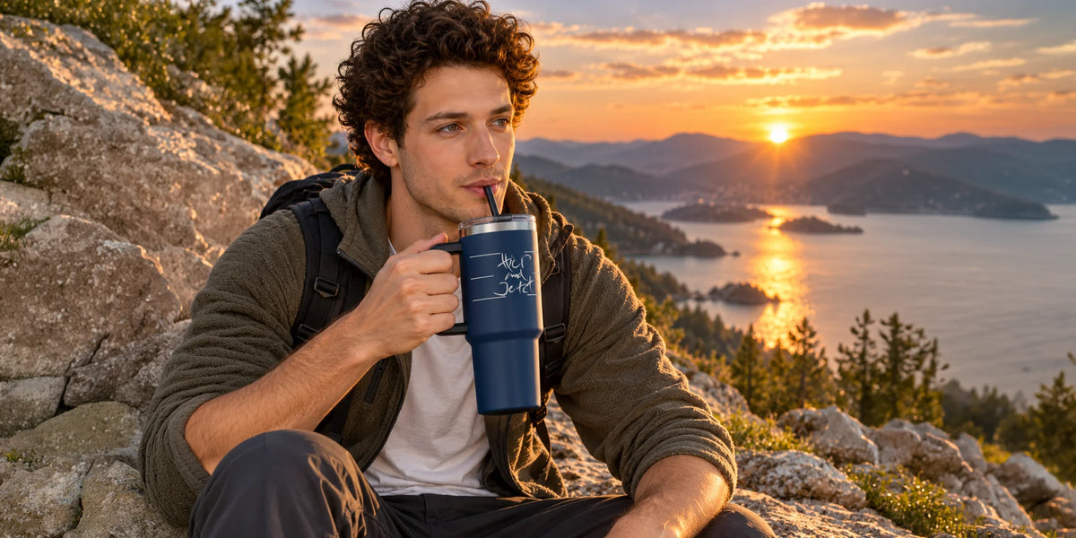 Outdoor-Lifestyle in den Bergen: Ein Wanderer macht Pause mit einem isolierten Edelstahl-Thermobecher von Sign Shop Tirol und blickt auf die Seenlandschaft.
