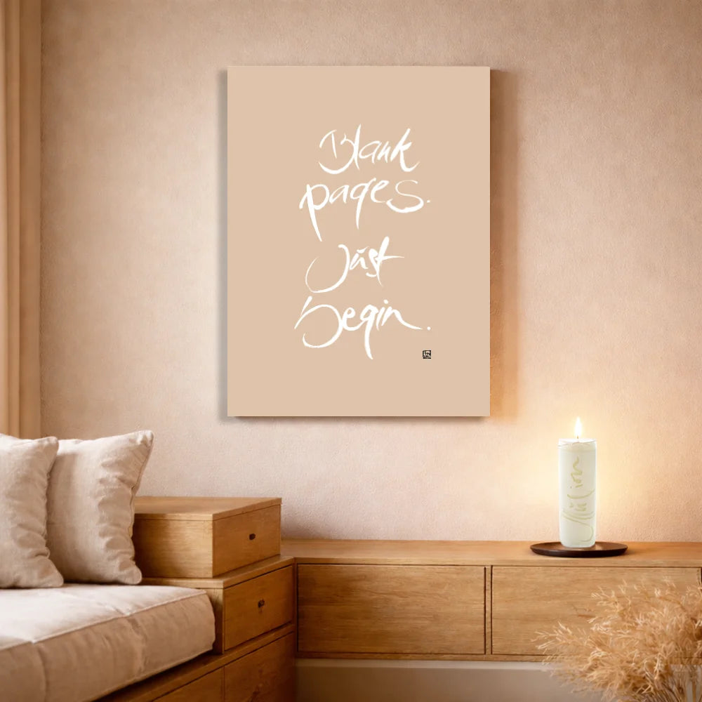 Handgemachte Leinwand „Blank pages. Just begin.“ – Originaldruck und Fingerzeige Karte, Sign by Jwala®, inspirierende Wanddekoration, limitiertes Kunstwerk