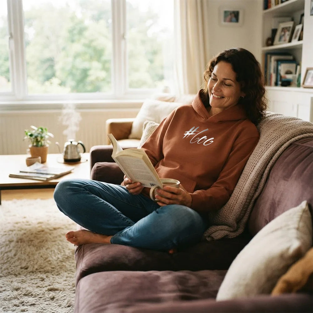 Entspannte Frau sitzt mit einem Buch und einer Tasse auf dem Sofa und trägt einen Heritage Brown Hoodie mit weißem Sign #Goo vom Signshop Tirol.