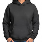 Produktfoto eines schlichten Unisex-Hoodies in Black ohne Sign vor hellem Hintergrund.
