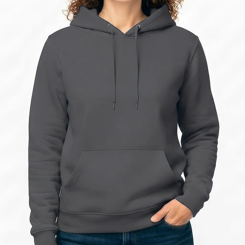 Schlichter Damen-Kapuzenpullover in Anthracite ohne Sign vor weißem Hintergrund.