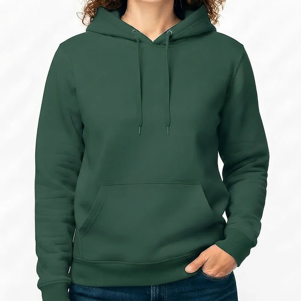Produktfoto eines schlichten Damen-Kapuzenpullovers in Bottle Green ohne Sign.