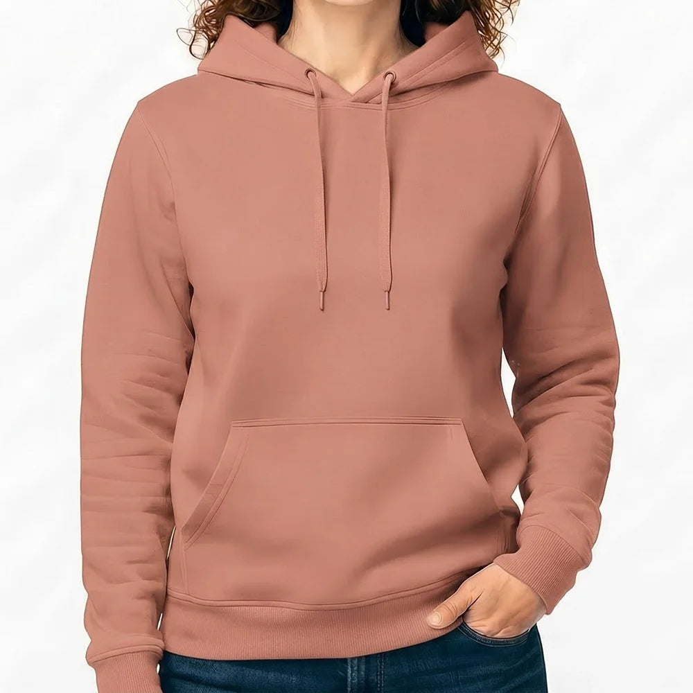 Damen-Hoodie in Altrosa bzw. Pastellrosa, perfekt geeignet für ein eigenes Sign per Textil-Bedruckung.