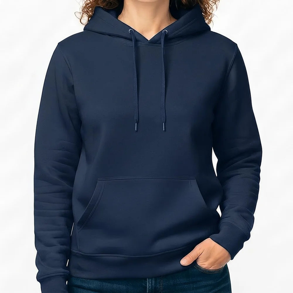 Klassischer Damen-Hoodie in French Navy, perfekt geeignet für ein eigenes Sign per Textil-Bedruckung.