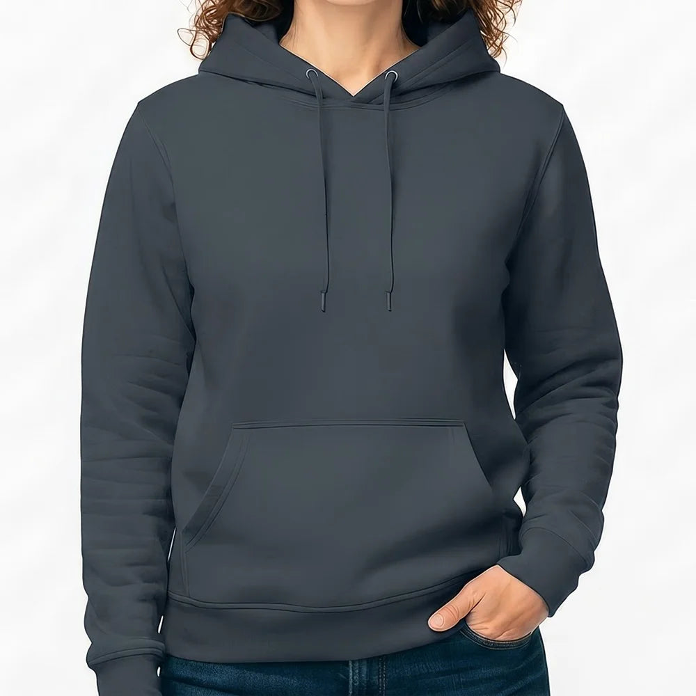Schlichter Damen-Hoodie in Indian Ink Grau ohne Sign vor weißem Hintergrund.