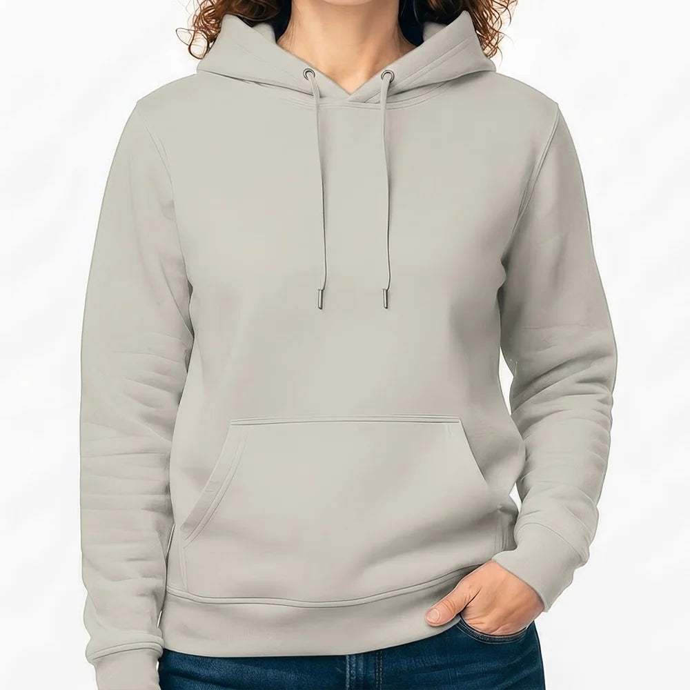 Produktfoto eines Damen-Hoodies in hellem Natural Raw mit Kordelzug und Kängurutasche.