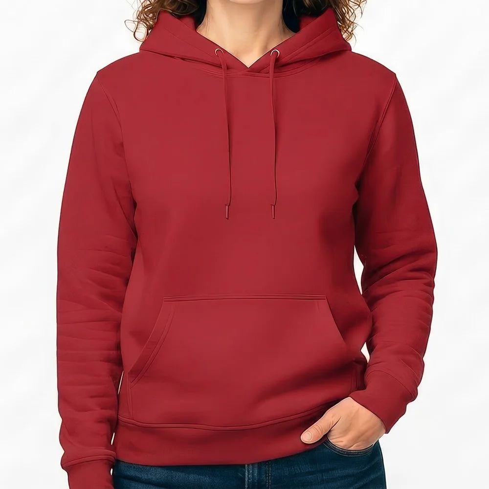 Damen-Kapuzenpullover in klassischem Rot ohne Sign, ideal für Vereins- oder Firmen-Signings.
