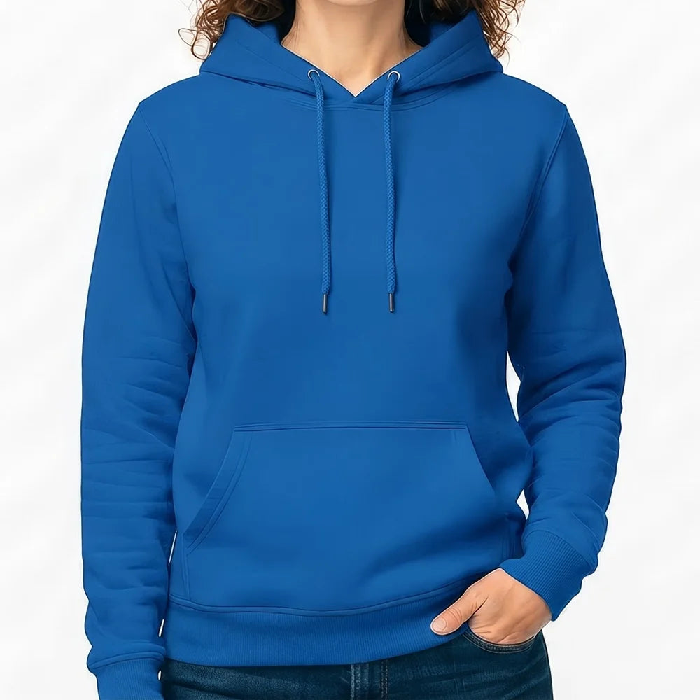 Kräftiger Damen-Hoodie in Royalblau ohne Sign vor weißem Hintergrund.