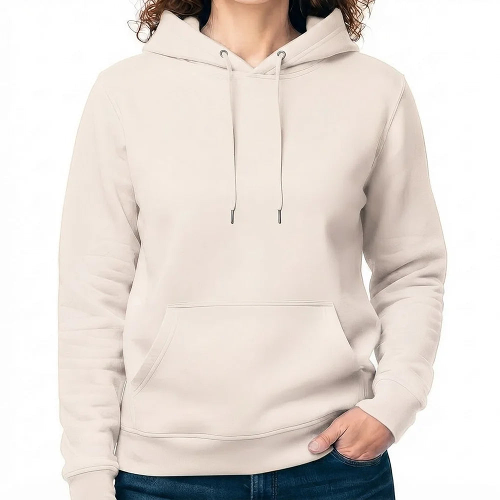 Schlichter Damen-Kapuzenpullover in Vintage White ohne Sign mit Kängurutasche.