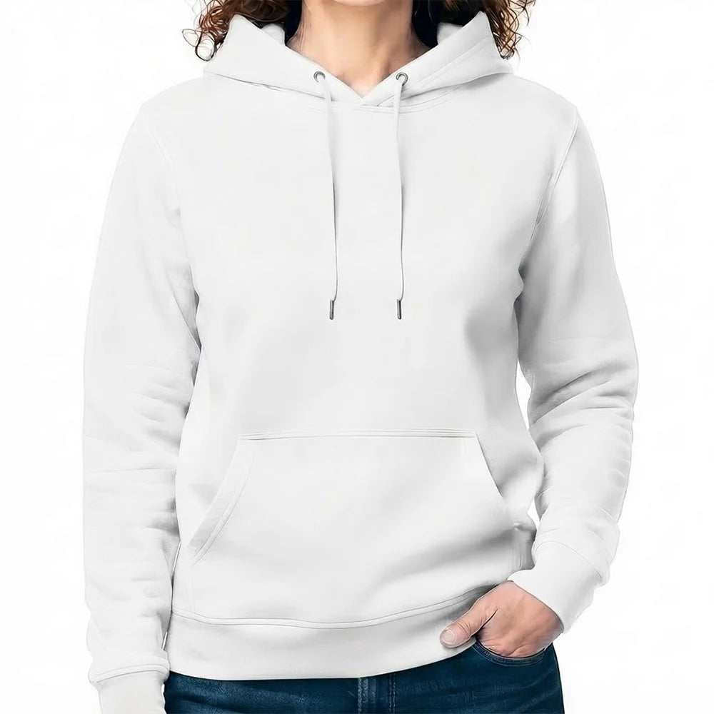 Klassischer Damen-Hoodie in reinem Weiß ohne Sign, perfekt geeignet für jede Art von Textil-Bedruckung.