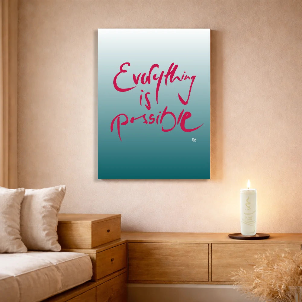 Handgemachte Leinwand „Everything is possible.“ – Originaldruck und Fingerzeige Karte, Sign by Jwala®, inspirierende Wanddekoration, limitiertes Kunstwerk
